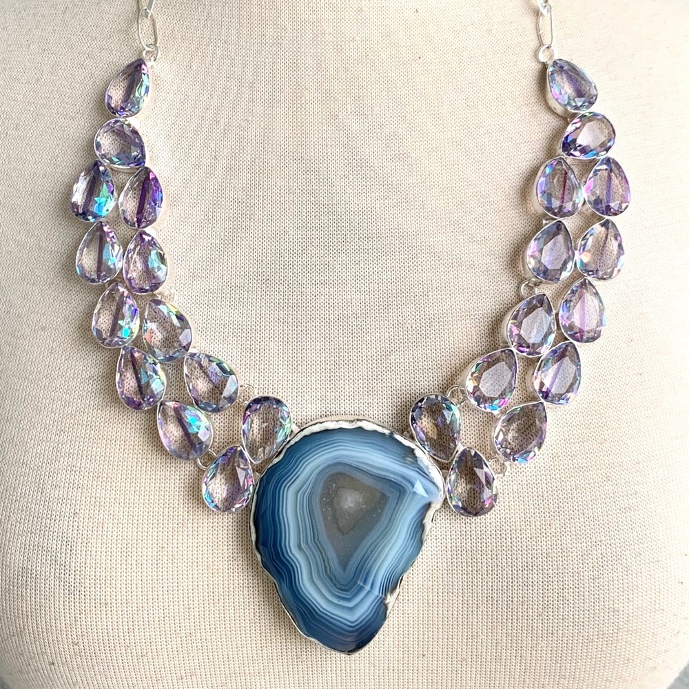Blue Large Agate Purple Topaz Sterling Necklace